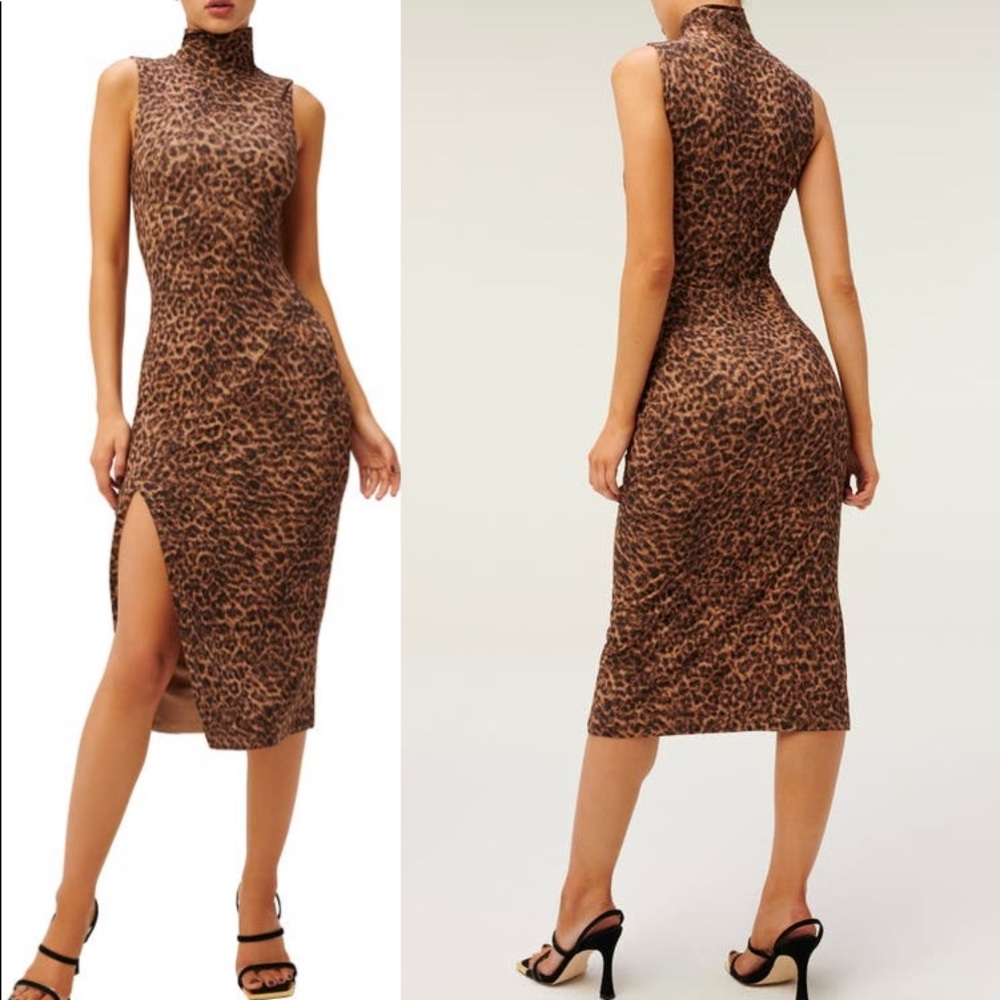 Good American 4(16/18)Mock Neck, Leopard, Jersey, Midi Sheath Dress, NWT